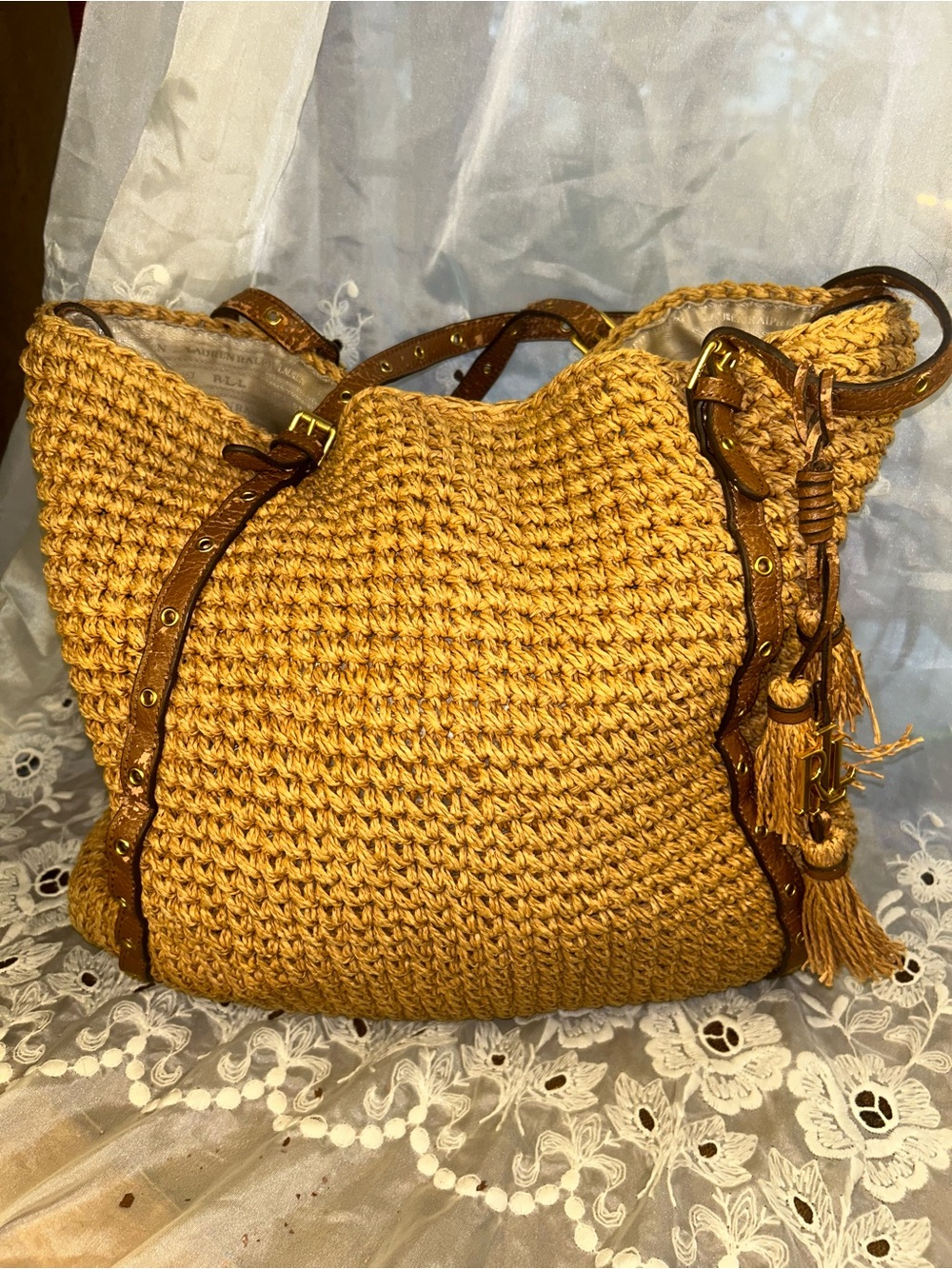 Ralph Lauren Tan Raffia Tote with Brown Leather Straps- Read Worn Straps